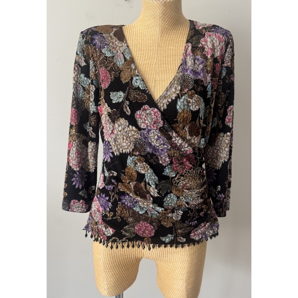Vintage 90s Y2K JBS Ltd Blouse‎ Top Floral Lace Black Floral Beaded Hem Size Med